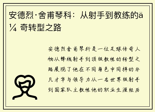 安德烈·舍甫琴科:从射手到教练的传奇转型之路 安德烈·舍甫琴科:从射手到教练的传奇转型之路